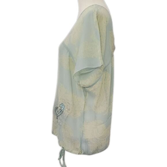 Y2K Paisley Silk Boxy Fit Blouse M Sheer Pastels Coquette Romantic Drawstring - Picture 6 of 16